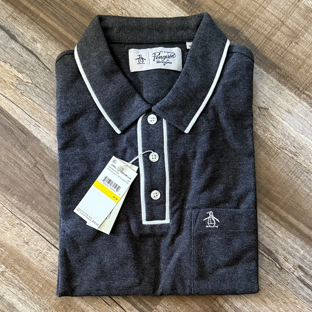 Original Penguin Men's Dark Polo with White Trim Size M New - Picture 2 of 3